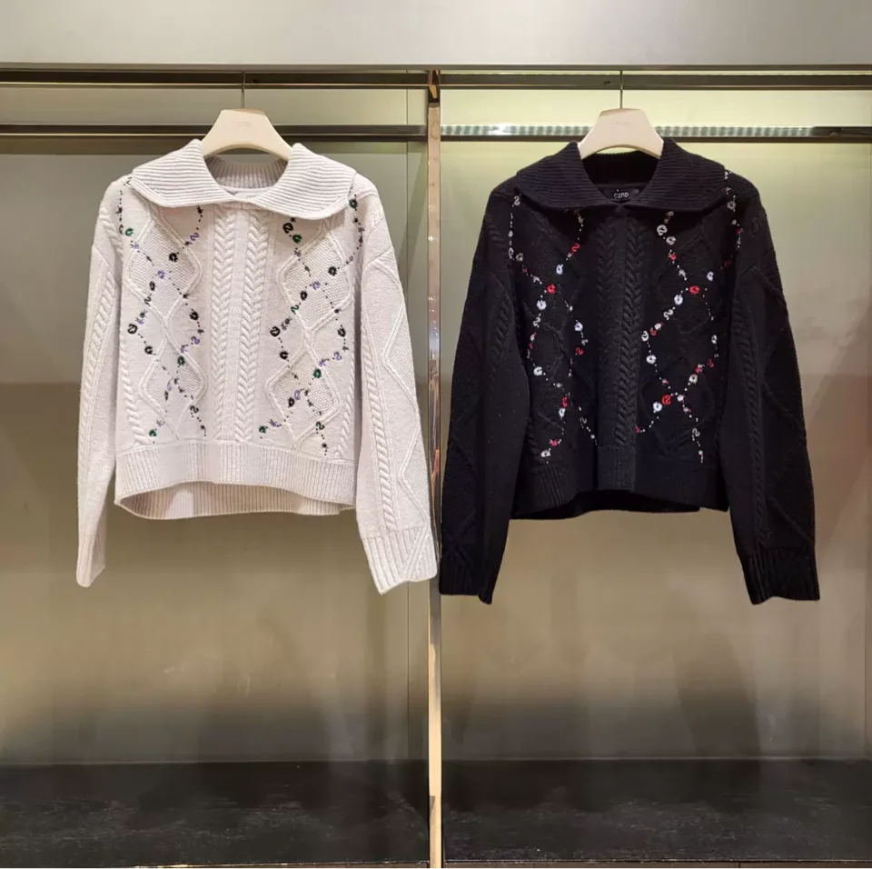 

Embroidered Floral Knitted Sweater Woolen Self-Keeping Style Turn-down Collar Commute Versatile Women's Fashion Long Sleeve