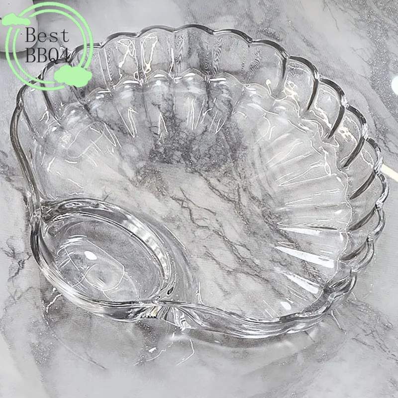 (BBQ4) 1 pieza Plato transparente con forma de concha para dumplings, con recipientes para vinagre, para sushi, desayuno, aperitivos secos y para desechar restos