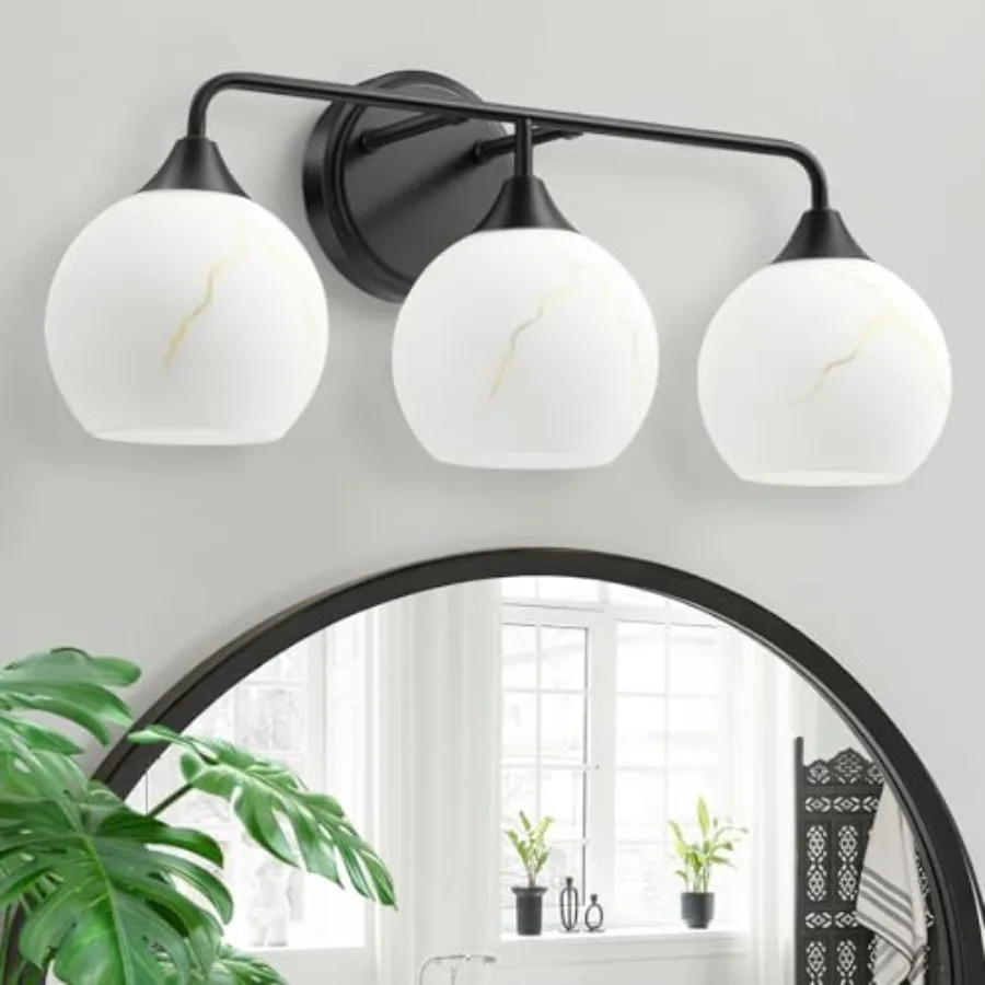 

3-Light Bathroom Vanity Light, Mid Century Modern Globe Wall Sconce with Marble Glass Shades, E26 Base Lighting Fixture for Mir