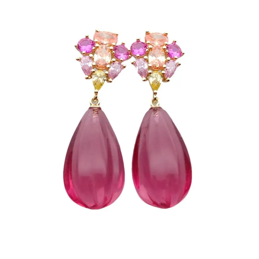 

Y·YING Red Quartz Teardrop Cz Pave Stud Dangle Earrings
