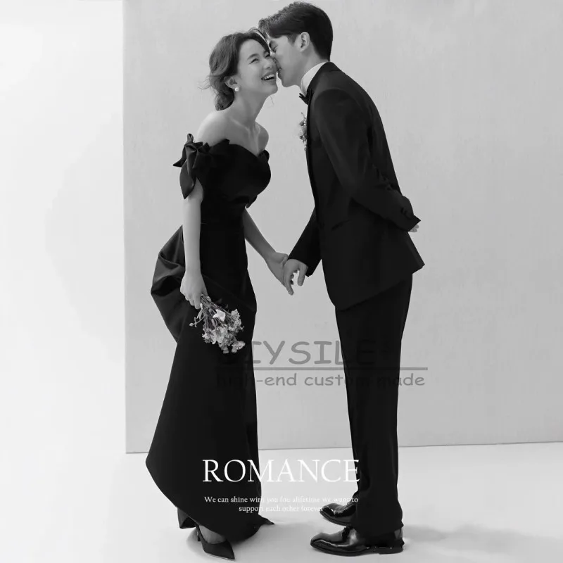 GIYSILE Customized High-grade Wedding Dress Retro Hepburn Style Black Satin  TshionSimpl E One-shoulder Party Dress Strap Back