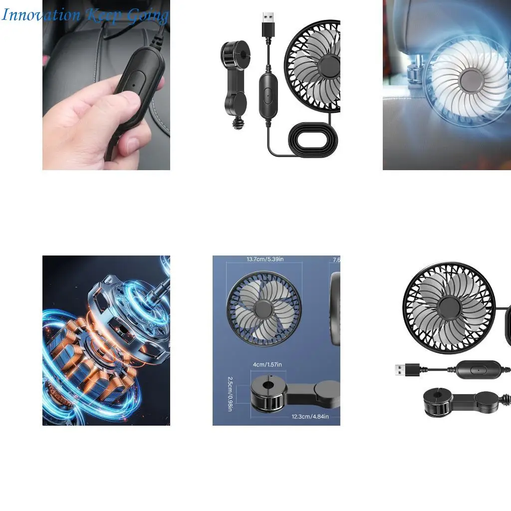 E65C Portable Automotive Headrest Fan 5V USB Operation 3 Adjustable Speeds Universal