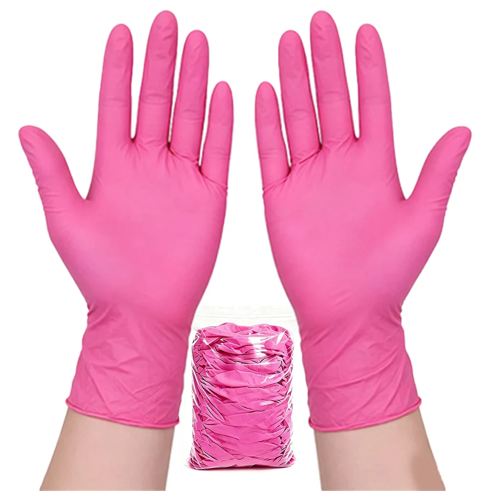 50/100PCS Deep Pink Nitrile Hand Gloves Powder Free Disposable Soft Gloves Beauty Salon Cleaning Daily Household Essentials