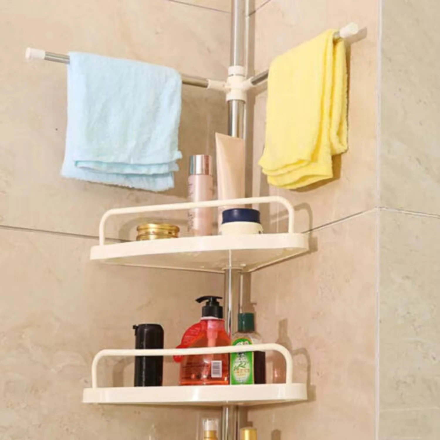 

4 tiers Corner Shower Organizer Shelve Tension Pole Stainless Steel Adjustable Caddy Bathtub Rust Resistant