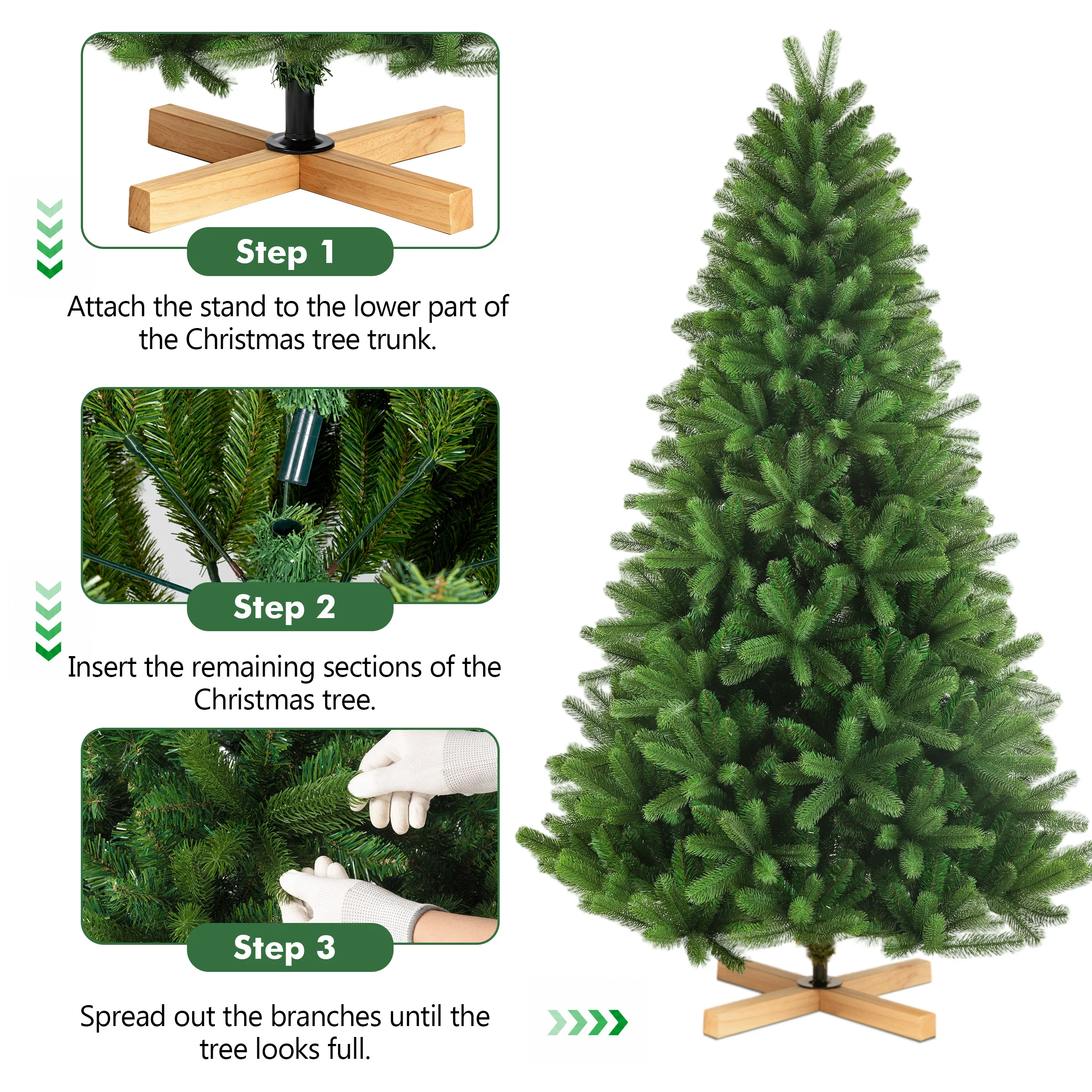 Vorgefertigter künstlicher Weihnachtsbaum mit gemischten PE- und PVC-Zweigen, warmweißes LED-Licht, flammhemmende, geruchlose Spitzen, Holzständer, 180/210/235 cm, vollständig wiederverwendbarer Weihnachtsbaum für Heim-, Büro- und Partydekoration. – Detail 8