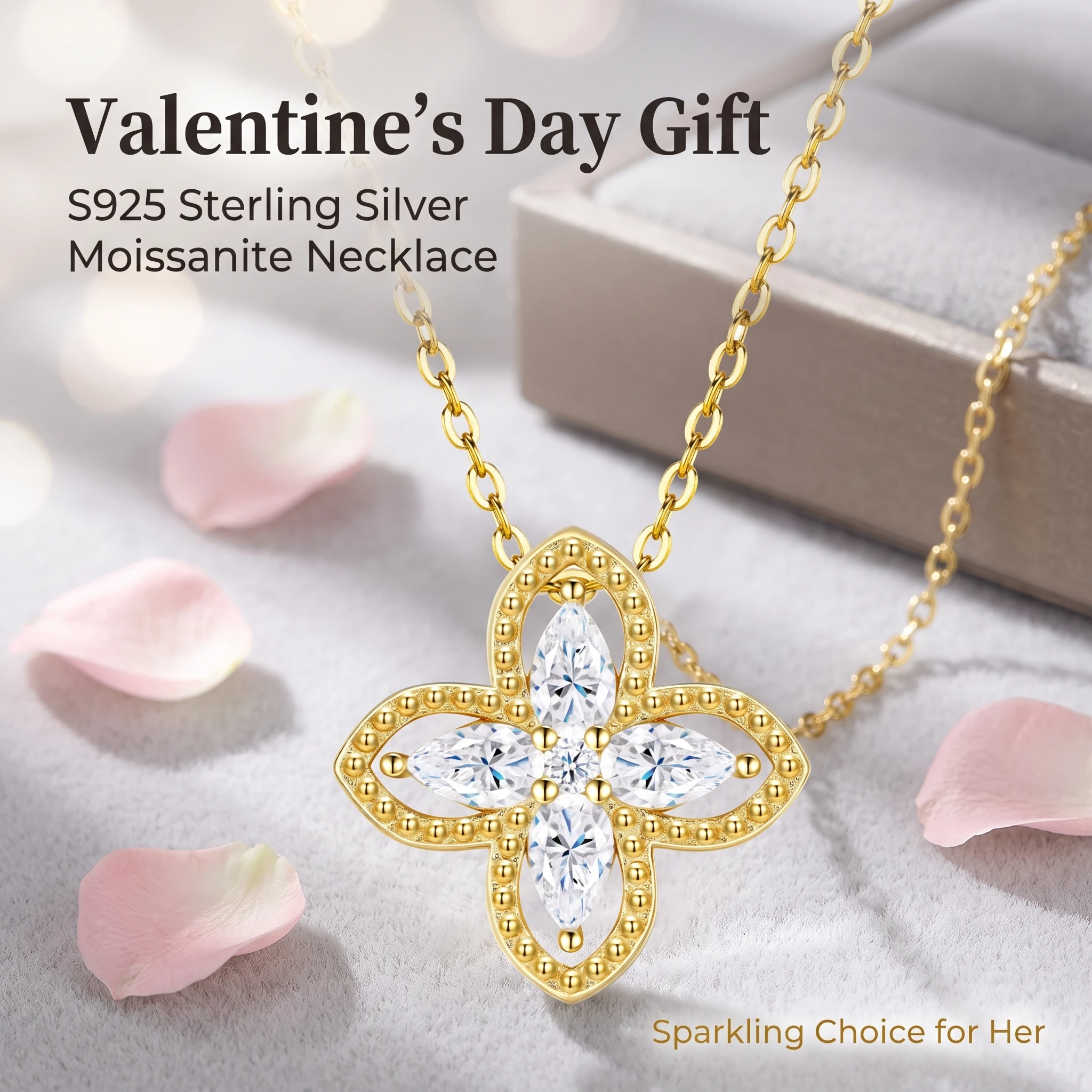 Four-Leaf Clover Hollow Marquise D Color Moissanite Necklace with GRA Certificate,925 Silver Gold Plated Lucky Jewelry Gift
