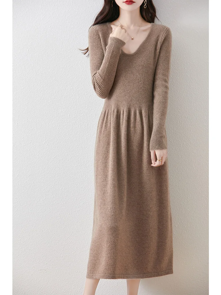 Women Wool Sweater Dress Autumn Winter V-Neck Slim Solid Soft Pullover 100% Merino Wool Knitwear Korean Popular Clothing Tops