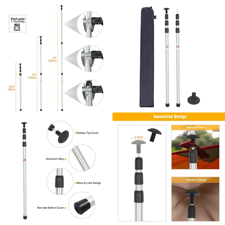 

Aluminum Adjustable Camping Tarp Poles, Set of 2, 90" Telescoping Lightweight Tent Poles for Shelter, Hammock Rain Fly, Awning
