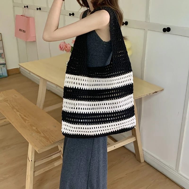 Hollow Out Tote Bag Shoping Bags Shoulder Bags Crochet Stripe Knitted Beach Bags Large Capacity Versatile Bags for Girl Women