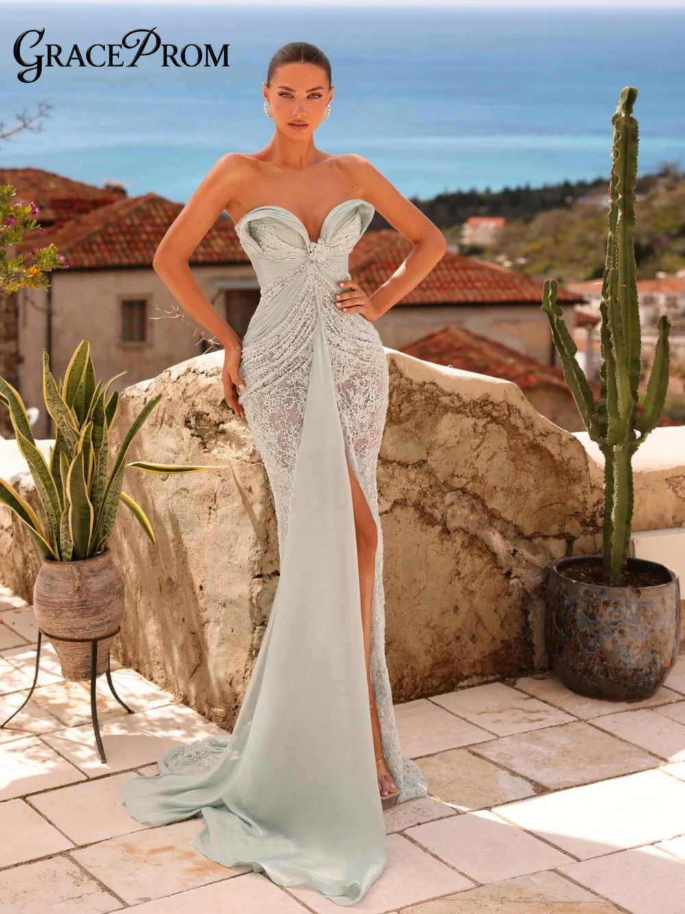 

Glamorous Mint Green Dress Strapless Sweetheart Neck Lace High Slit Party Dress Evening Gown For Wedding Guests فساتين سهرة