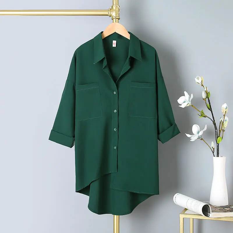 

Women's Shirt Solid Color Single Breasted Three Quarter Sleeved Turn-down Collar Pockets Single Breasted Female Chiffon Top