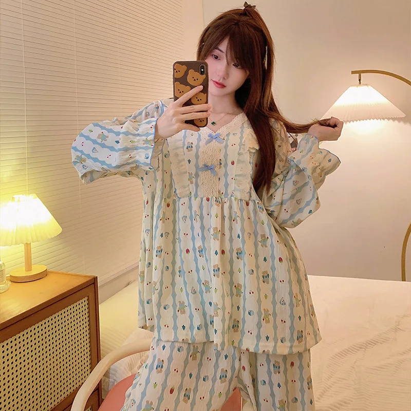 Spring and Autumn New Women\'s Japanese Pajamas Homewear Set Girls Students Cloud Cotton Long-Sleeved Plus Size Pajamas Homewear