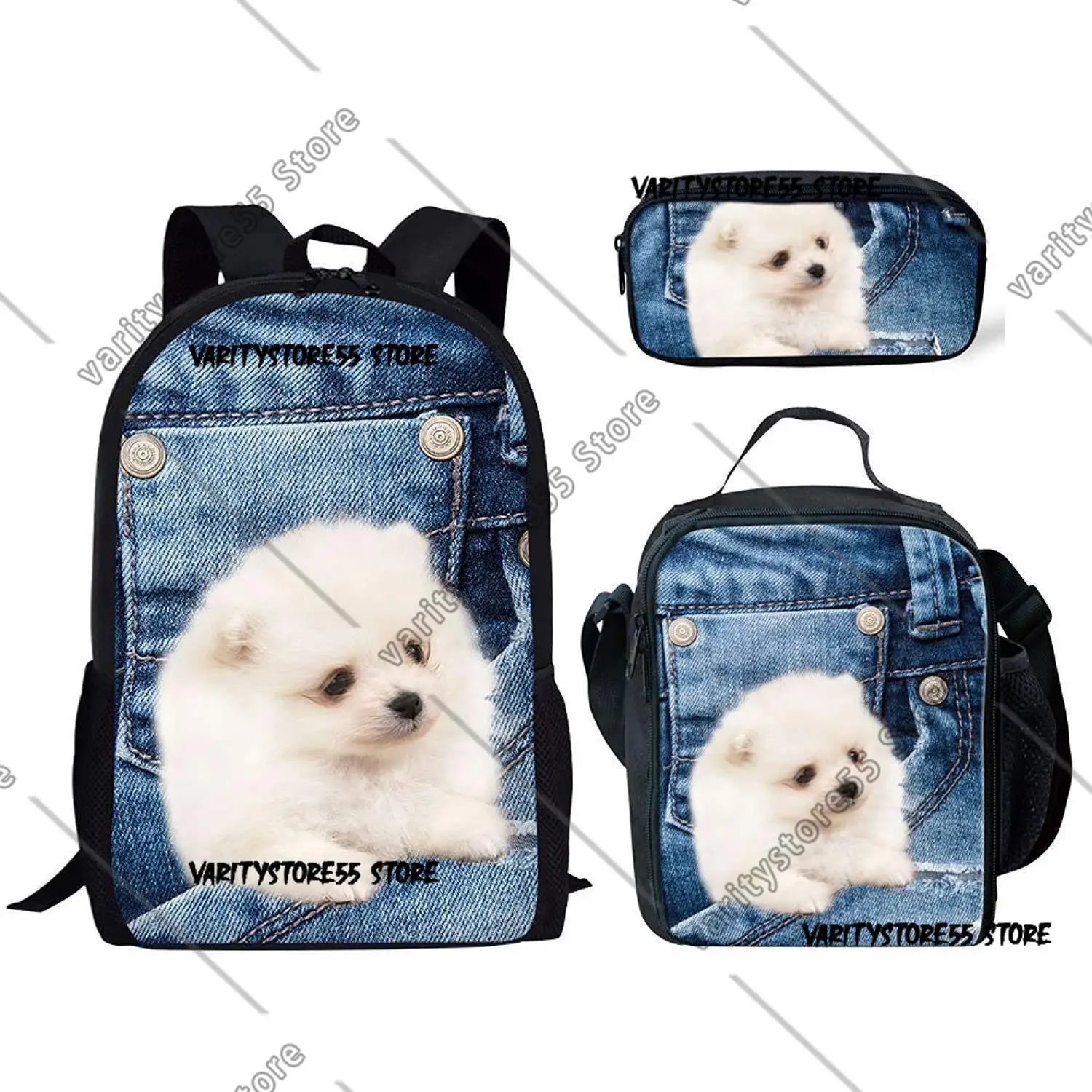 

Cartoon Denim Pomeranian Denim Backpack Student BookBag School Bag Laptop Shoulder Bags 3ps Insulated Lunch Bag Pencil Case