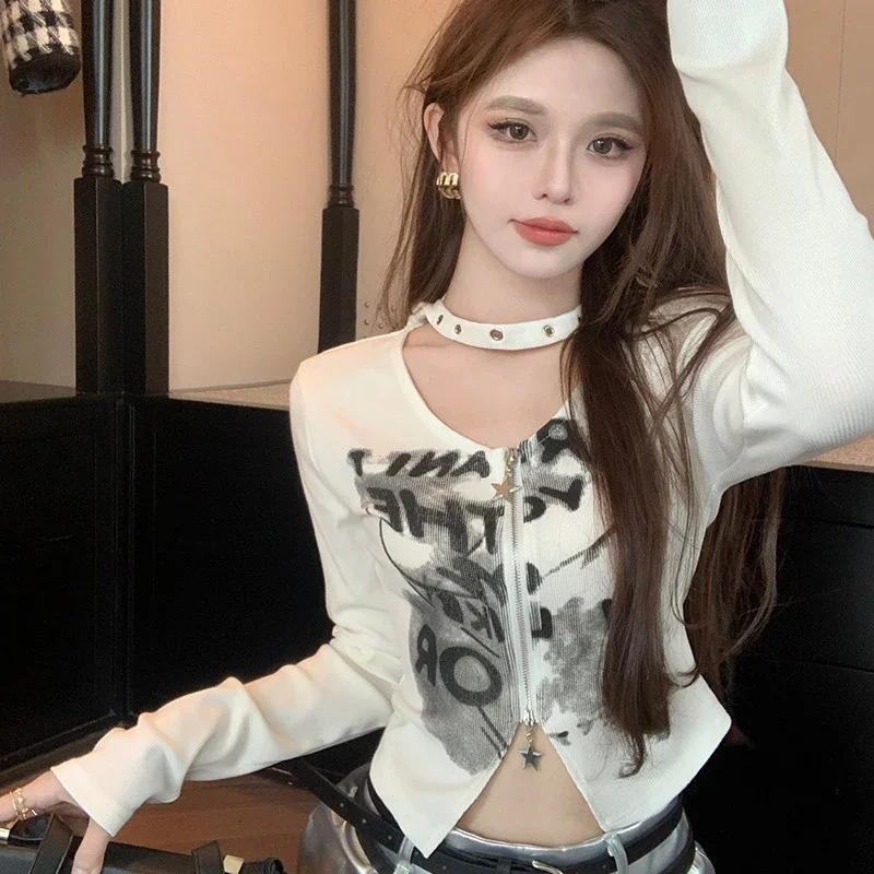 Y2K Hollow Out Women T Shirt Korean Letter Print Halter Long Sleeve Crop Tees Fall Slim Hotsweet Double Zipper Streetwear Tops