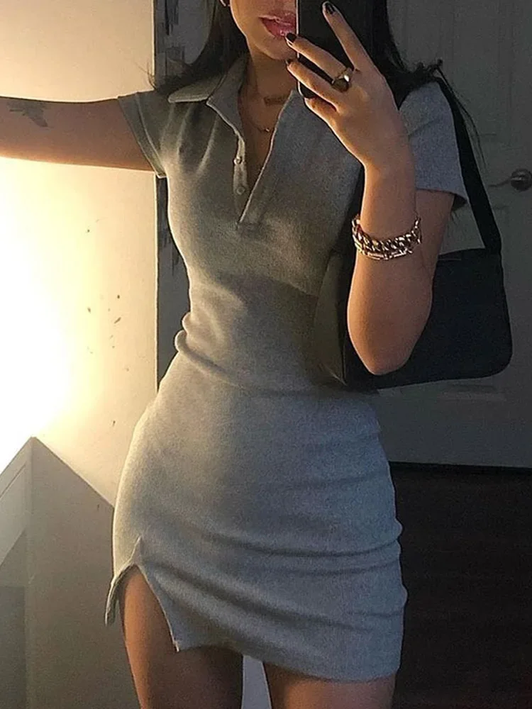 

Short Sleeve Slit Sexy Mini Dress Summer Women Fashion Streetwear Outfits Cute Solid Party Clothing Bestseller