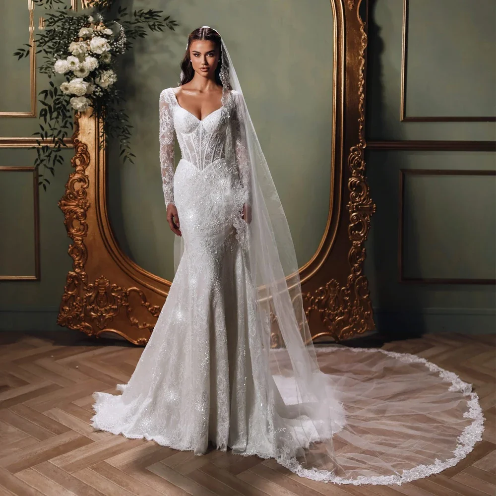 Customized Elegant Mermaid Lace Wedding Dresses Illusion Long Sleeves Pearls Beaded Bridal Dress Court Train Vestidos De Novia