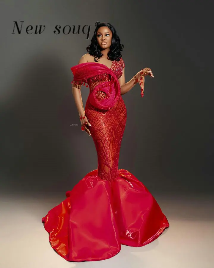 

Aso Ebi Плюс Размер Красные Вечерние Платья Русалки Блестящие Кристаллы Бисером Блестки Длинные Свадебные Выпускные Вечерние Платья На Заказ