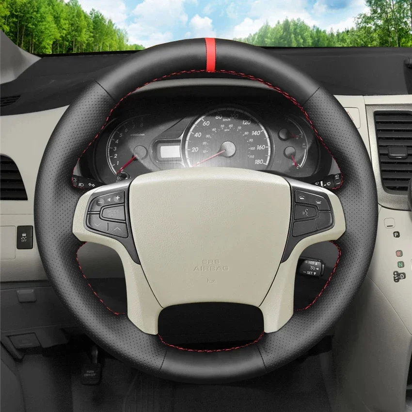 LQTENLEO Black Genuine Leather Car Steering Wheel Cover For Toyota Sienna 2010 2011 2012 2013 2014