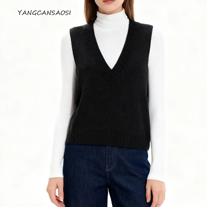 

Женская мода осень/зима, новый мягкий клейкий жилет из мериносовой шерсти с v-образным вырезом, вязаный жилет, теплый однотонный свитер без рукавов