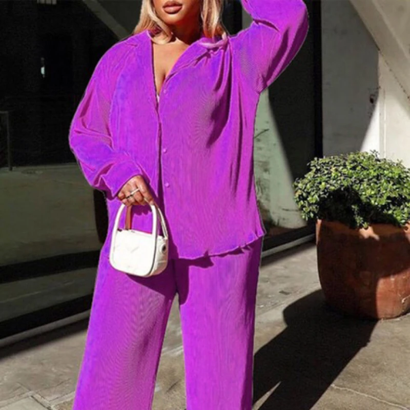 HYRAX Shirt Suit Female New Products Autumn Commute Single Breasting Pleat Wide Leg Trousers Casual Suit Long Sleeve T-shirt