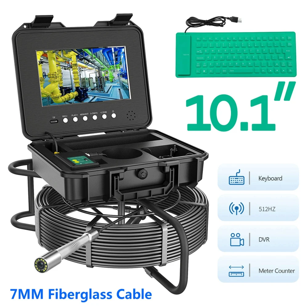 Pipe Inspection Camera Drain Sewer Industrial Endoscope 10.1 IPS 1080P Screen DVR Video Record 16GB/512HZ Locator/Meter Counter