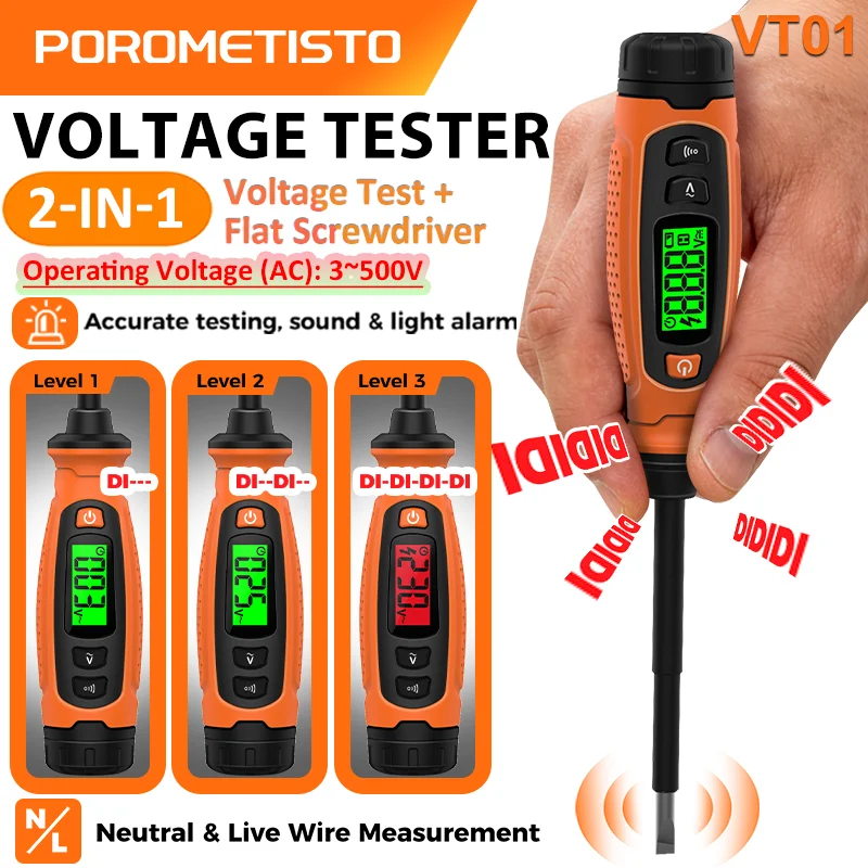 VT01 AC Digital Voltage Tester 3-500V Screwdriver Electrical Pen NCV Wire Live/Null Test Breakpoint Finder Audible&Visual Alarm