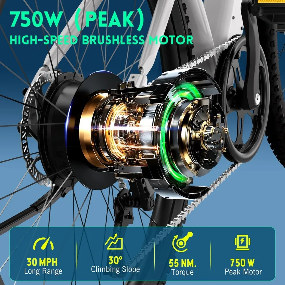 Electric Bike for Adults,with 750-1100 W(Peak) Motor,Speed Can Reach 30-35 mph,36V Battery,Max Travel 40-60 Miles, 7-Speed Ebike