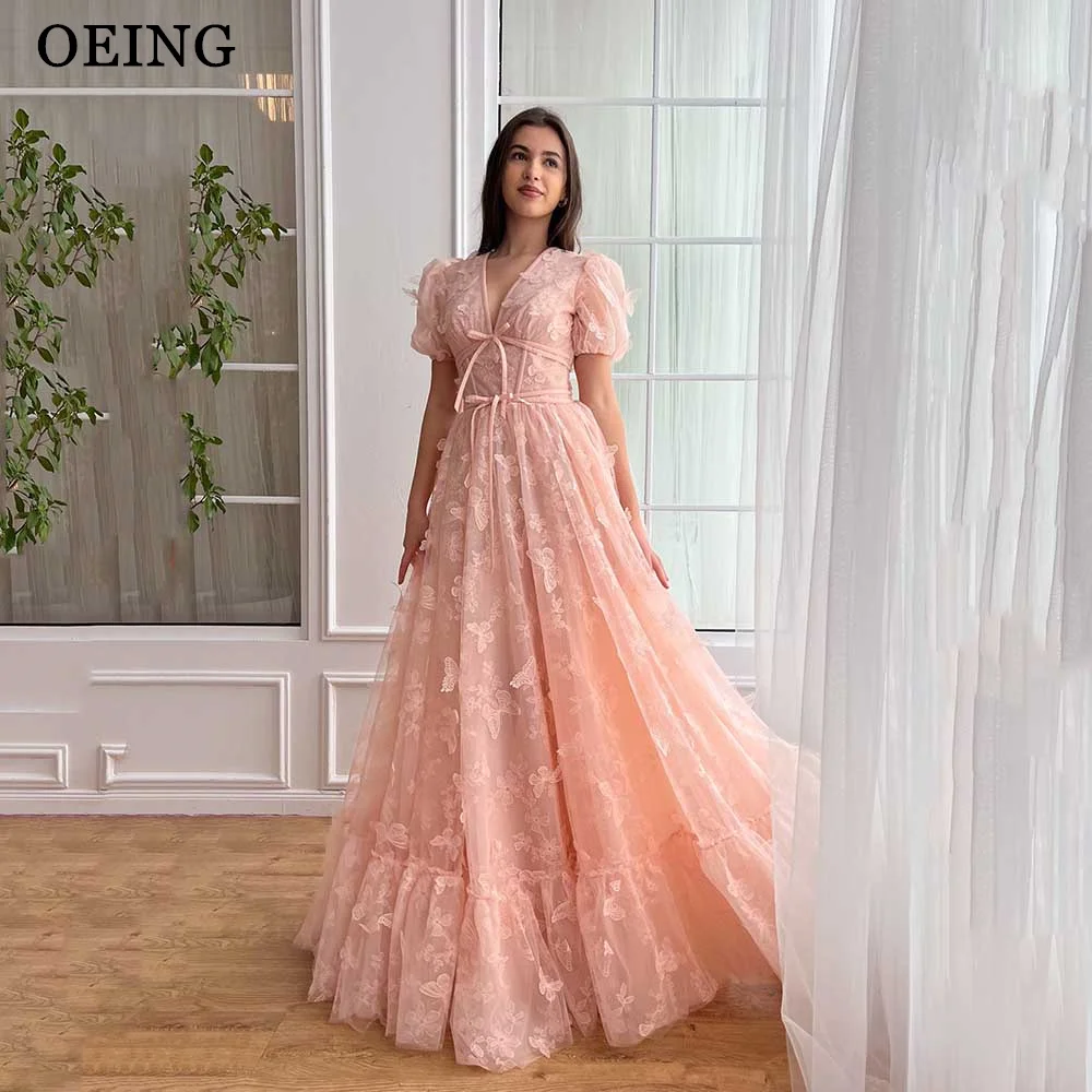 

OEING Pastrol Blush Pink Prom Dresses Fairy V Neck Puff Sleeves 3D Butterfly Floor Length Party Dress For Women Evening Gowns