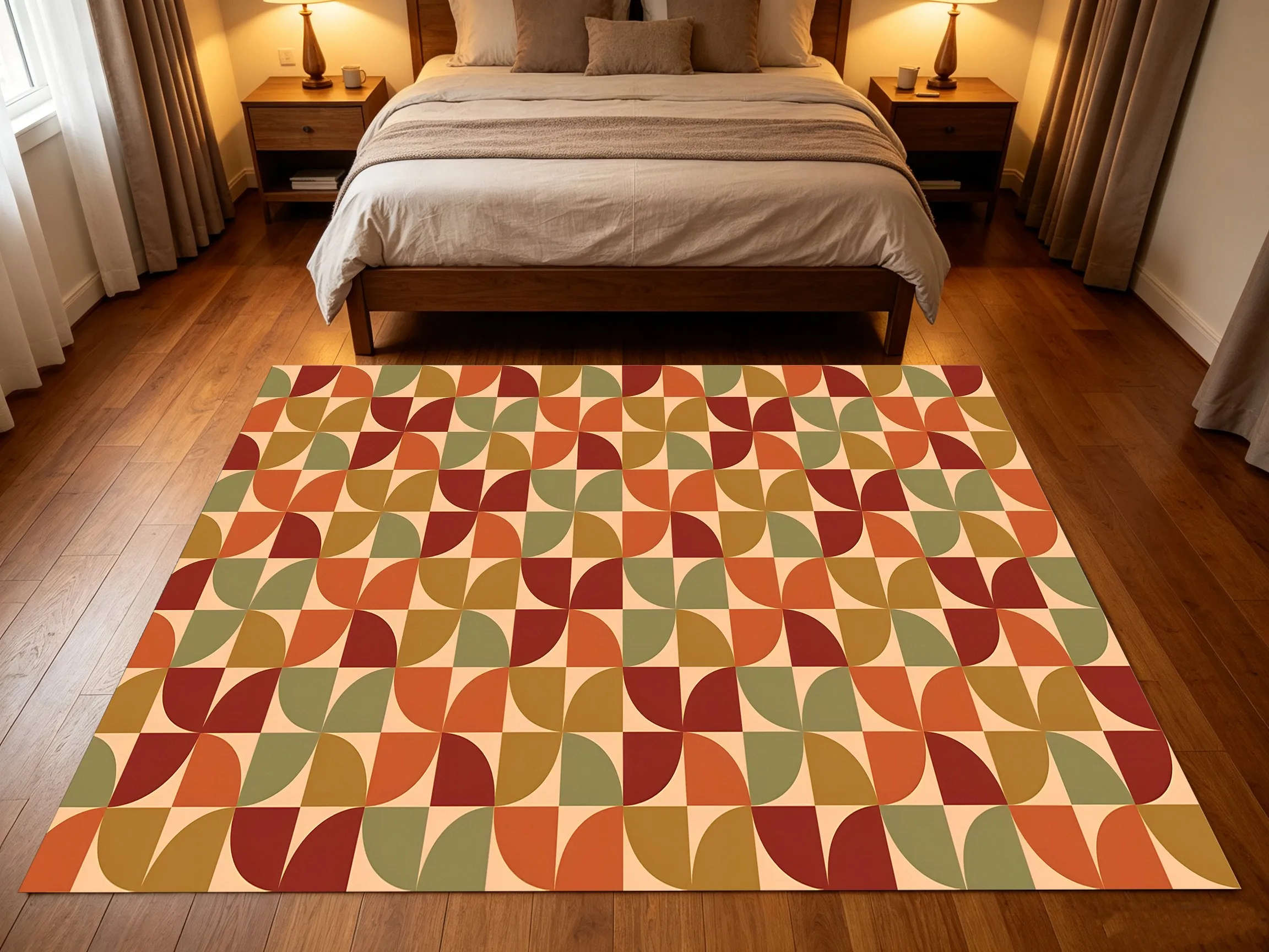 Retro Color-Blocked Semi-Circular Geometric Velvet Rug, Warm Christmas & New Year Decor for Living Room & Bedside