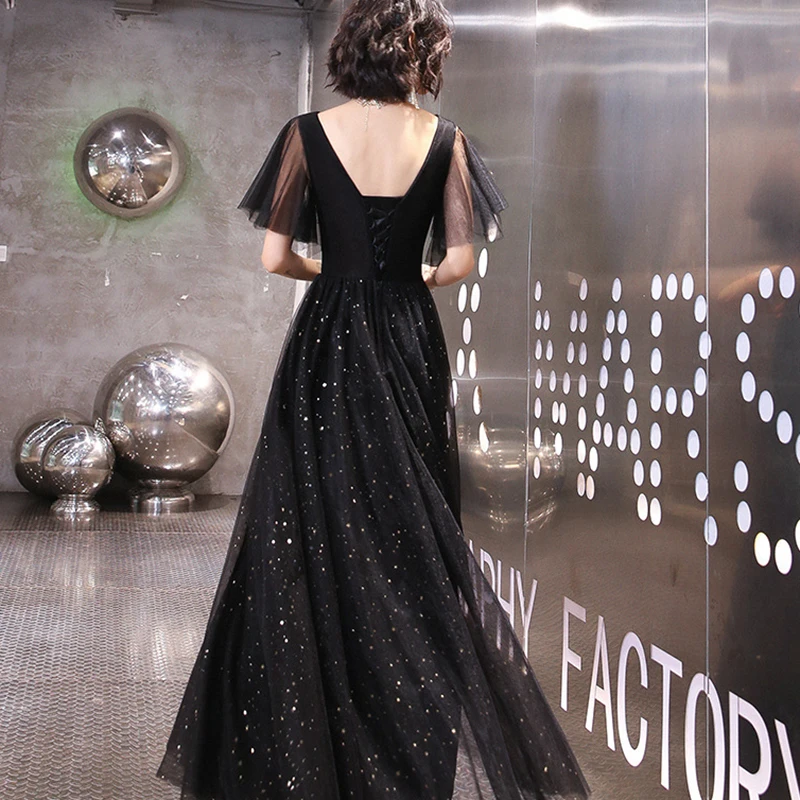 Long Black Formal Sequined Prom Dress DongCMY Elegance Party Plus Size Maxi Tull V-Neck Backless Cocktail For Women