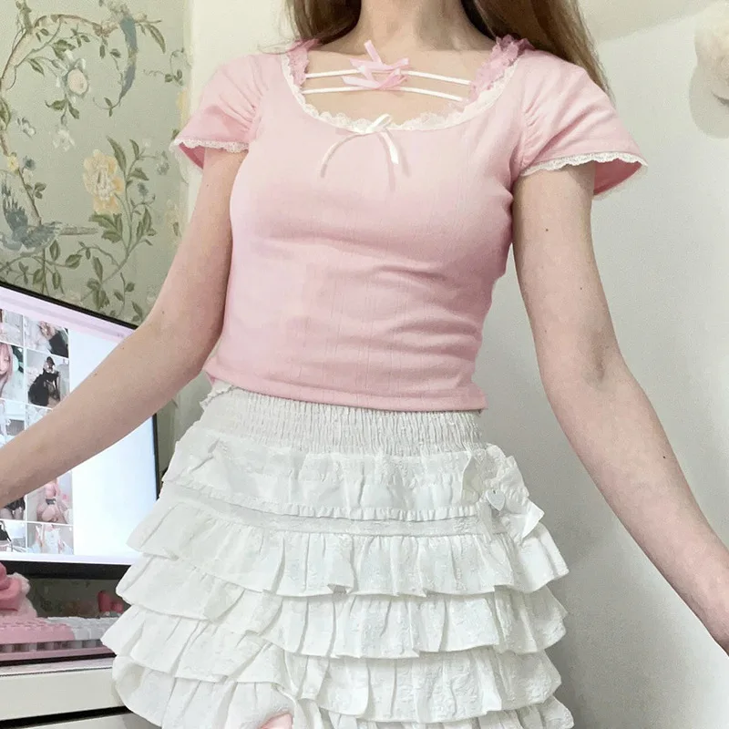 Pink T-Shirts for Sweet Girls Summer Tops Tee Lace Trim O-Neck Bows Cute TShirts Kawaii Clothes