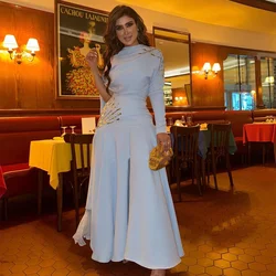 Customized Modern Style Retro Jersey Sequined Rhinestone Pleat Ruched Draped A-line High Collar Long Dresses Homecoming Dresses