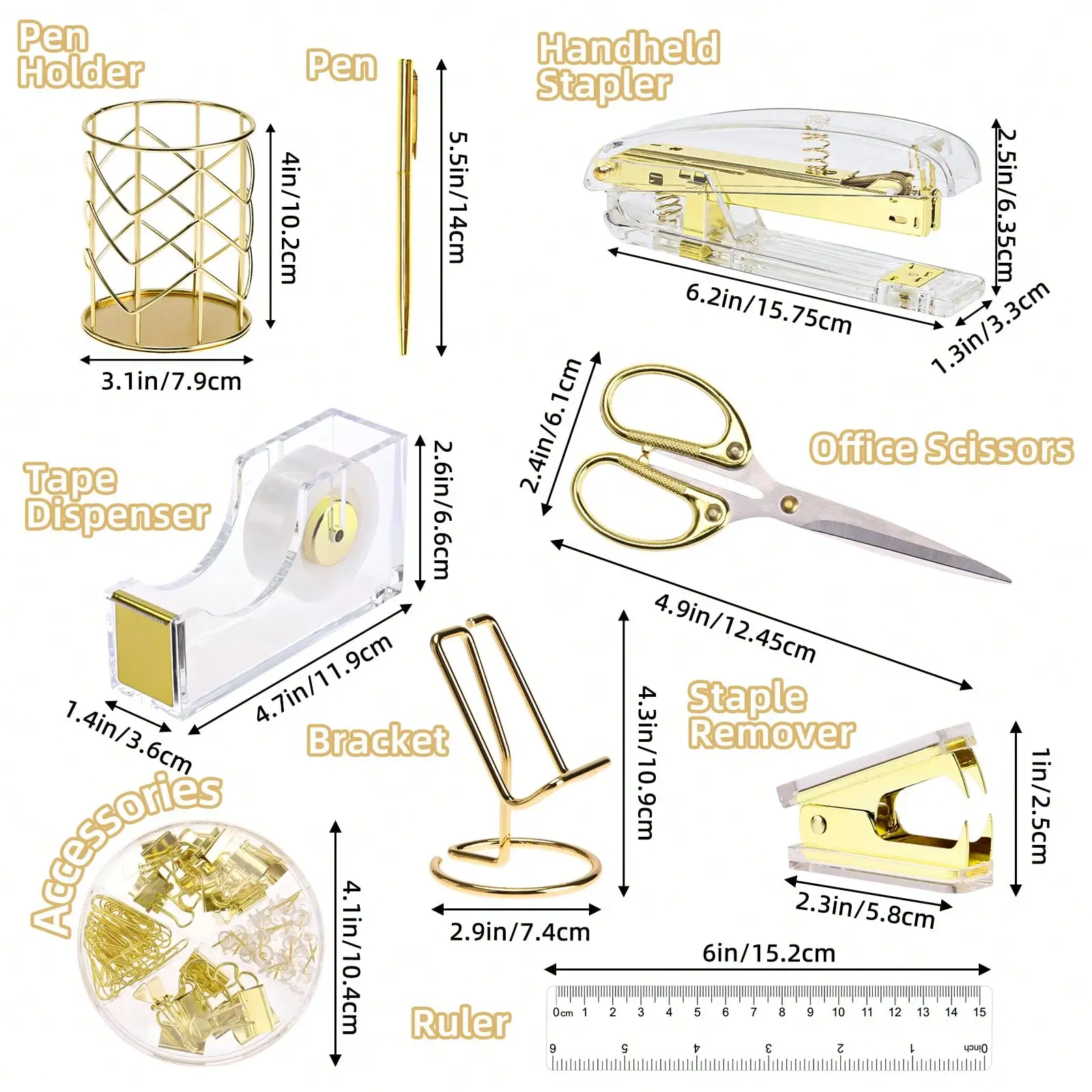 Gold Acrylic Desk Accessories Set, Office Supplies Kit with Stapler, Staple Remover, Phone Holder, Tape Dispenser, Pen Holder, Ballpoint Pens, Scissors, Binder Clips, Ruler, Glue & Staples, Back‑to‑School Essentials