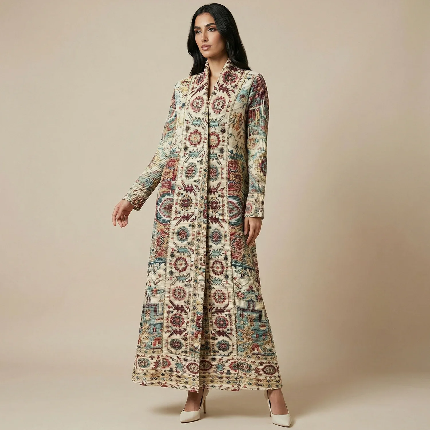 

Retro Print Long Dress Women's New Style Ethnic Spring Fashionable Gown Cross-Border Mom Robe Traditional Chinese Costume