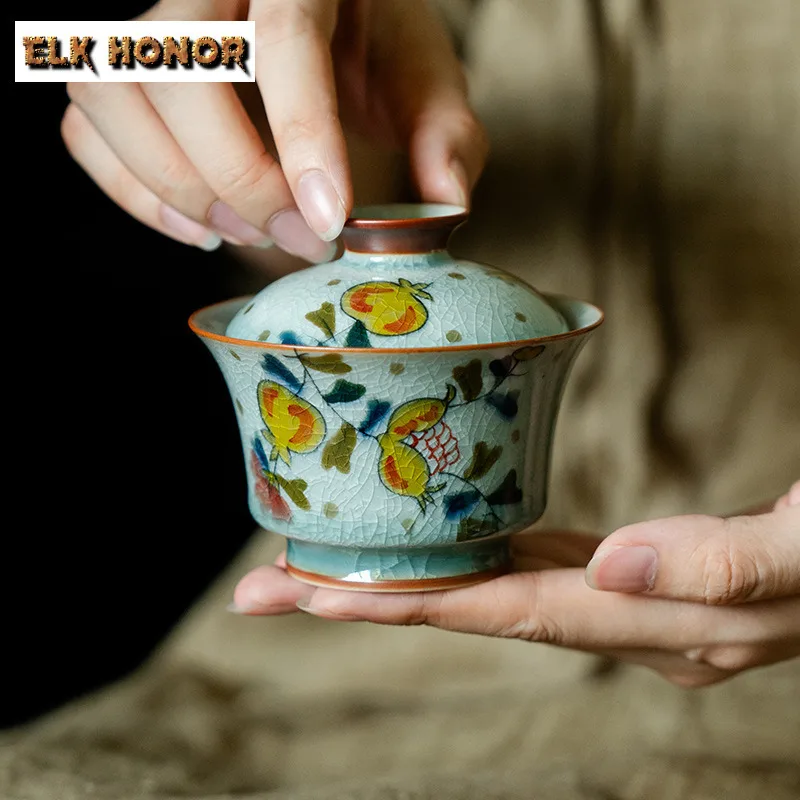 130ml Pure Hand-painted Pomegranate Gaiwan Ice Flake Glaze Tea Tureen Tea Bowl With Lid Kit Tea Maker Cover Bowl Chinese Tea Set