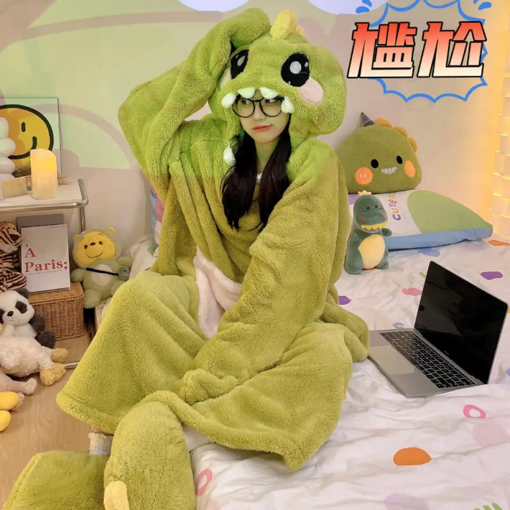 Cartoon Sanrioed Hangyodon Plush Pajamas Night-Robe Slippers Anime Kawaii Winter Warm Home Clothes Long Style Hooded Thicken