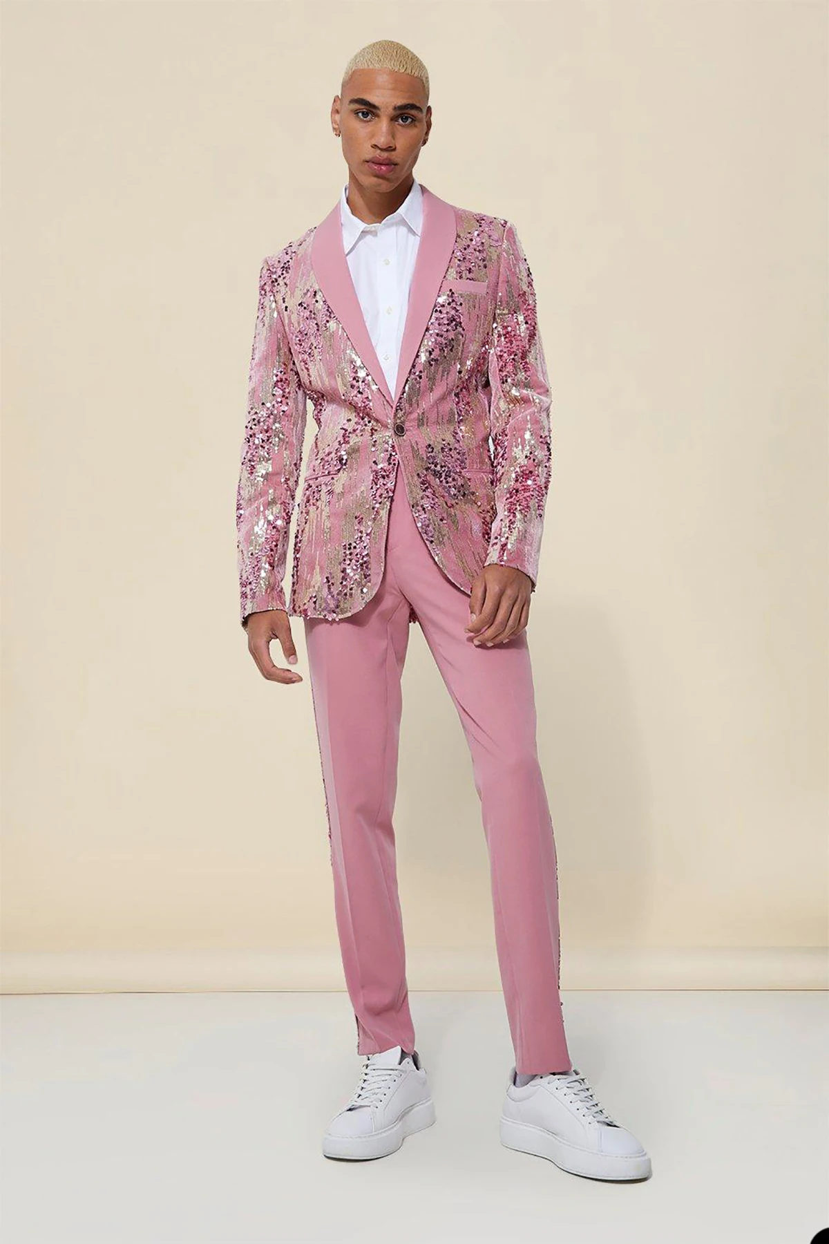 Handsome Pink Sequined 2 Pcs Blazer&Pants Wedding Tuxedos Custom Made Groom Suit Stylish Men Suit