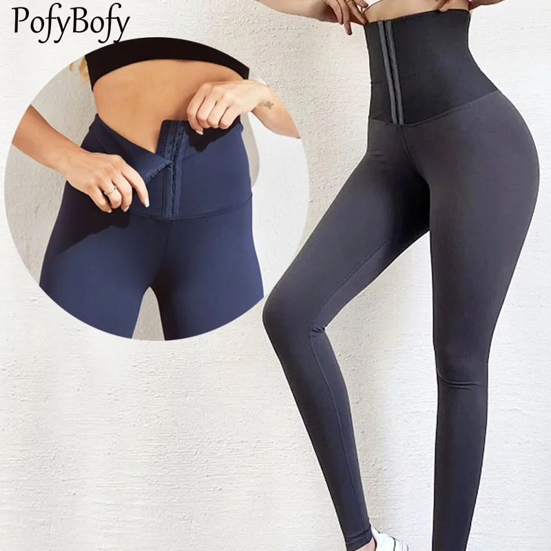 

PofyBofy Waist Trainer High Waist Wide Waistband Row Buckle Seamless Elastic Sport Legging Yoga Fitness Workout Women Slim Pant