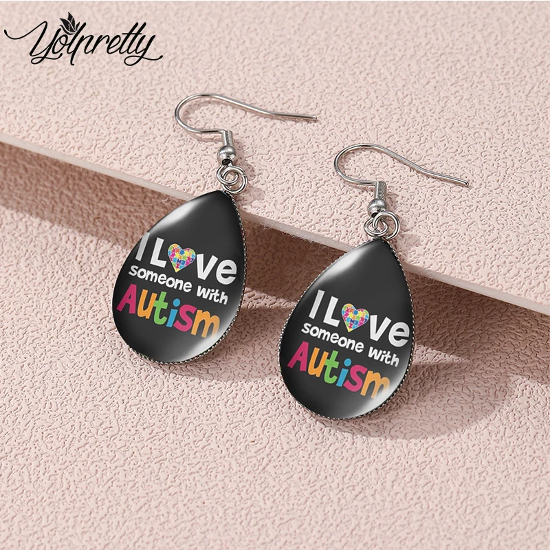 2023 New Arrival Autism Awareness Teardrop Hoop Earrings Dangle Hook Glass Cabochon Stainless Steel Earrings Jewelry