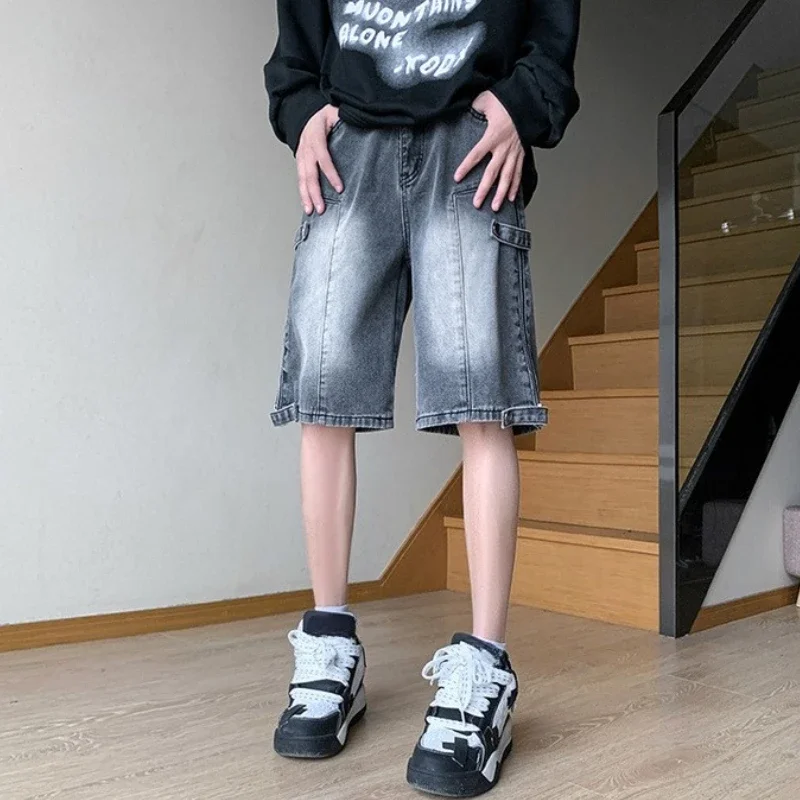 

With Pockets Bermuda Loose Half Short Jeans Pants for Men Baggy Man Denim Shorts Long Wide Xl Streetwear Stretchable Wih Zipper