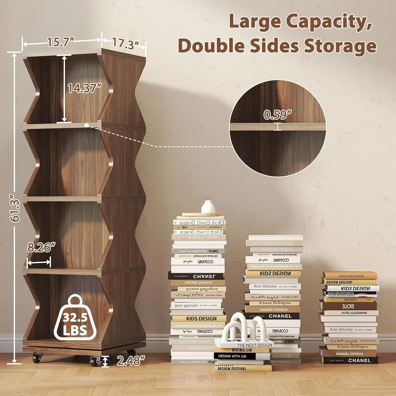 Rotating Bookshelf Tower, 360°Revolving Bookcase with Wheels, Walnut Wood Corner Book Shelf Storage Organizer for Bedroom Living