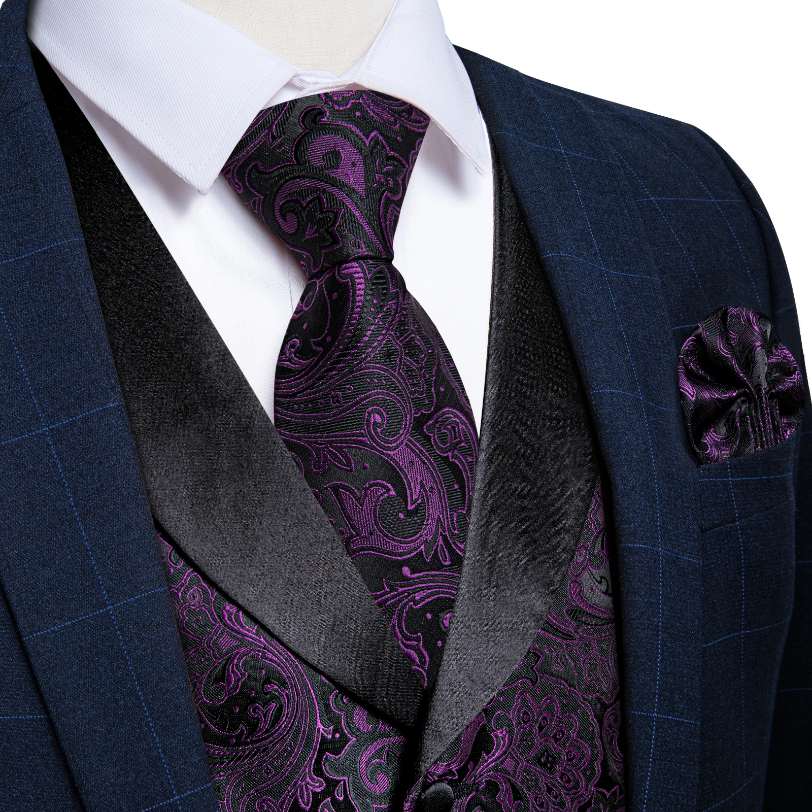 Luxury Purple Floral Adjustable Vest for Man Business Party Dress Suit Fashion Turn-down Collar Men's Waistcoat Tie Handkerchief