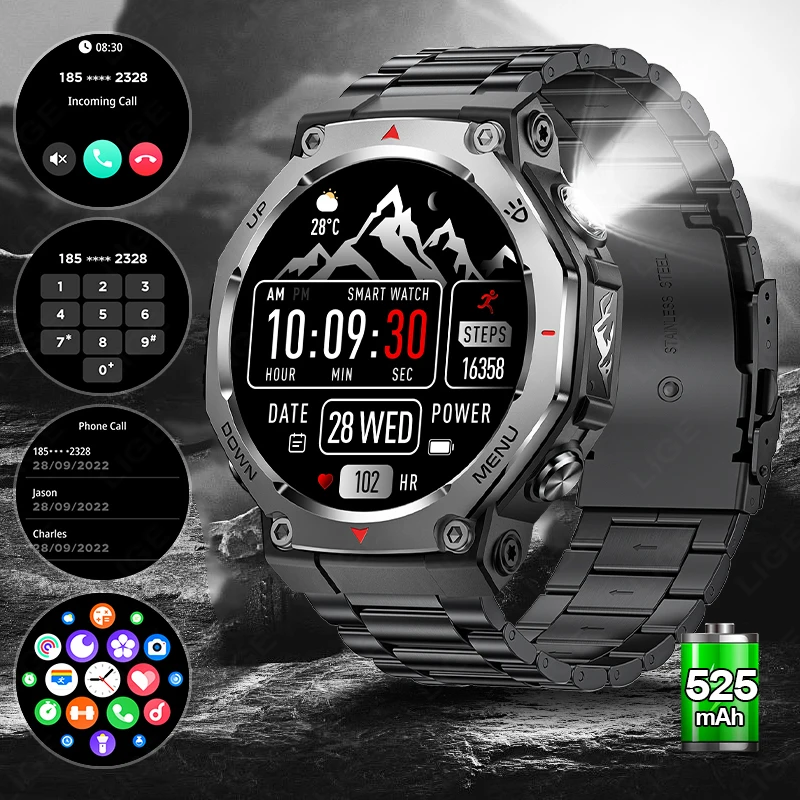 

LIGE Новые умные часы с AMOLED-экраном 1,43 дюйма, 525 мАч, большая батарея, Bluetooth-вызов, IPX8-5ATM, водонепроницаемые спортивные умные часы с монитором здоровья