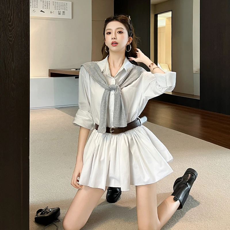 Women Street Clothes Casual Shirt White Plaid Lapel Shawl Belt Slim A-Line Mini Short Dress Fashion Lady Vestidos Preppy Style