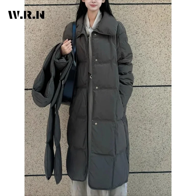 ผู้หญิงลําลองHooded Maxi XยาวParkas JacketสีทึบแขนยาวOuterwear 2024 ฤดูหนาวLace-Up Single Breasted Warm Coat