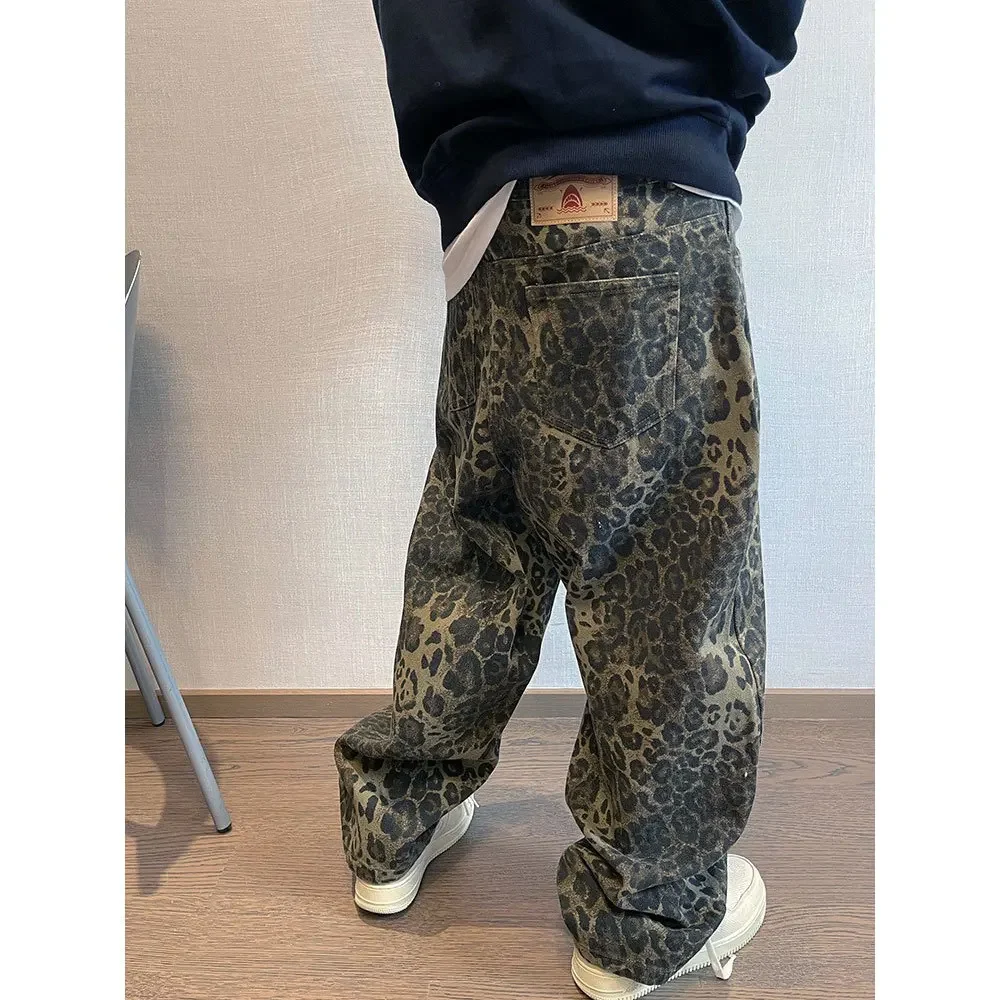 Men Splice Button Pocket Wide Leg Pants Floor Length Cargo Pant Leopard Print Loose Casual Straight Trousers Autumn Winter New