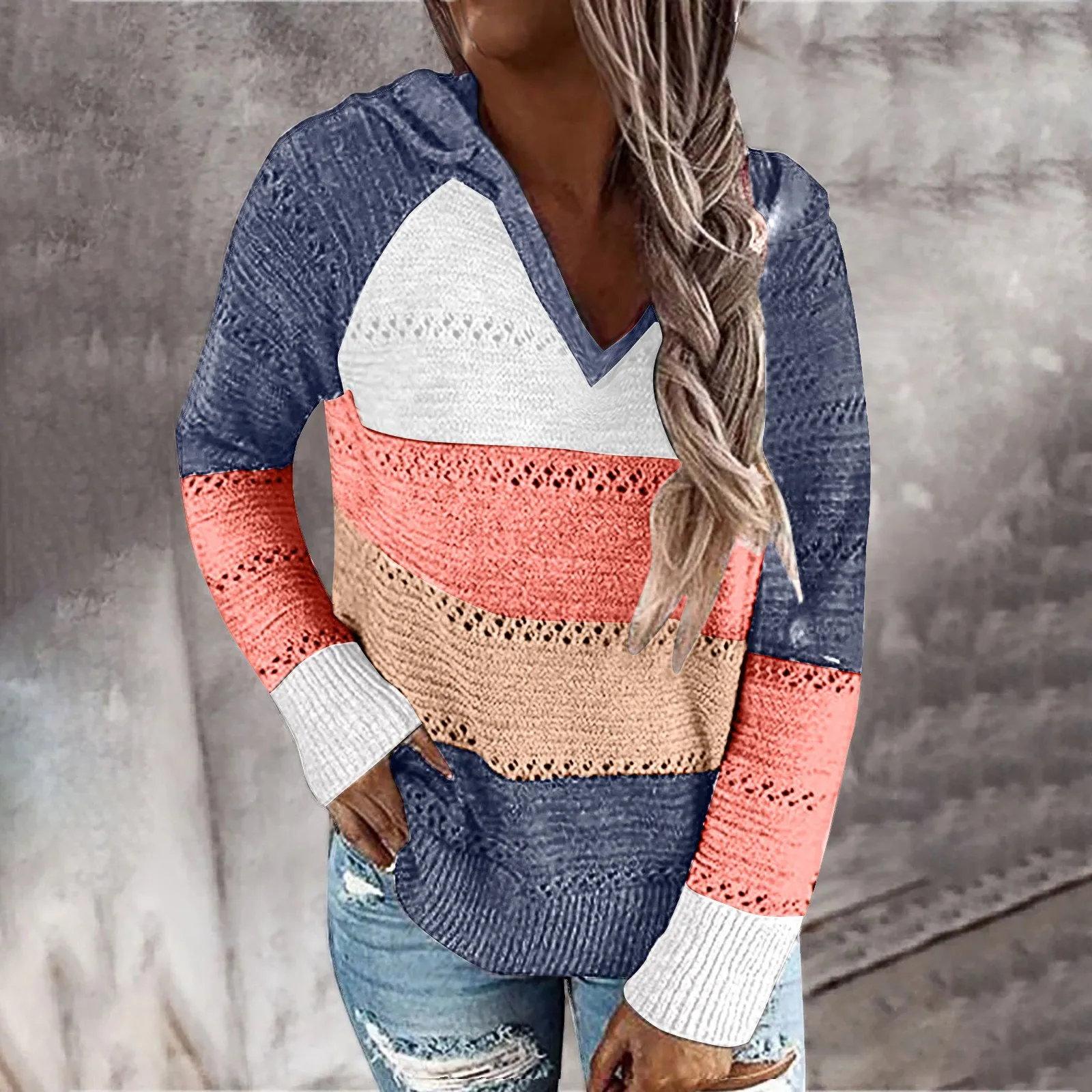 Vrouwen Spellen Back-To-Back Hoeden Kleurrijke Hoodie V-Hals Lange Mouw Modetrend Pullover Persoonlijkheid Elegante Gebreide Trui