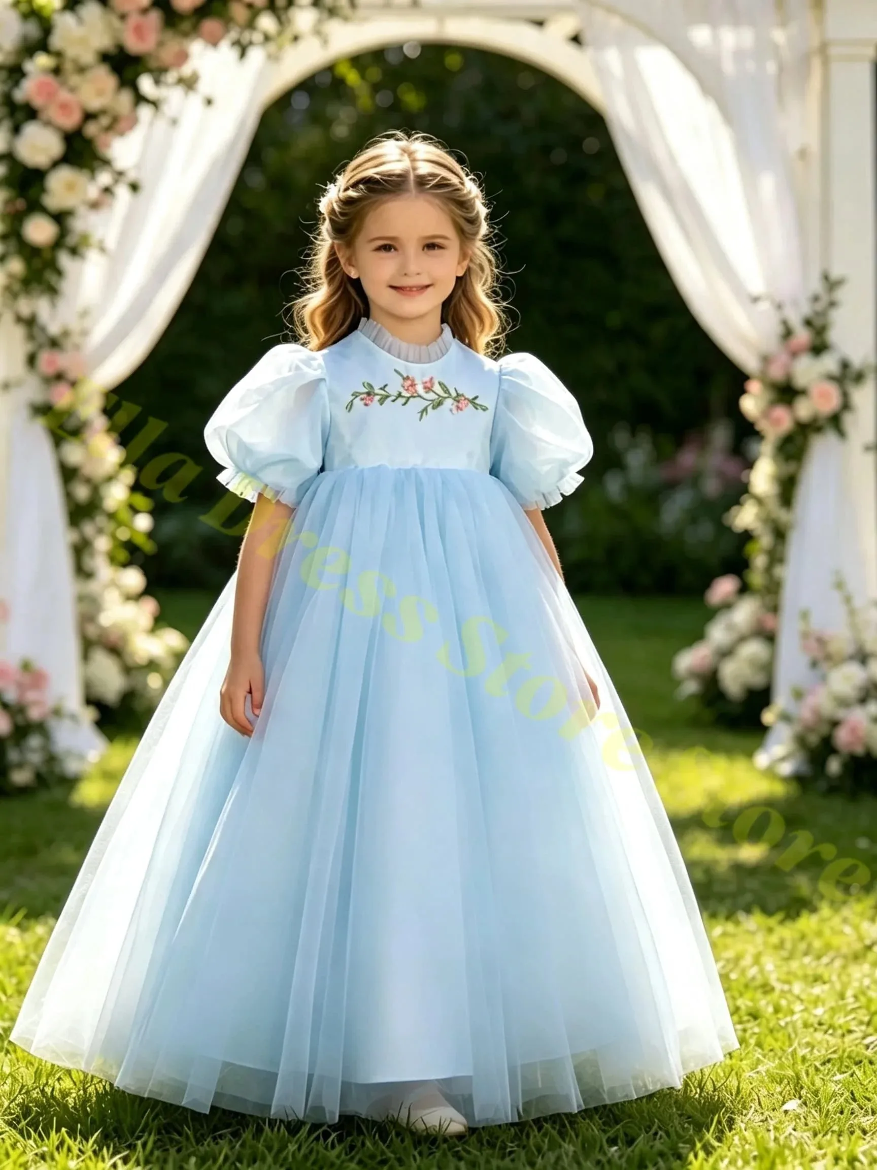 Mädchenkleid Weißes Tüll Flauschiges Exquisites Applikations-Blumenmädchenkleid für Hochzeit Geburtstagsfeier Kommunion Abendballkleider – Detail 5