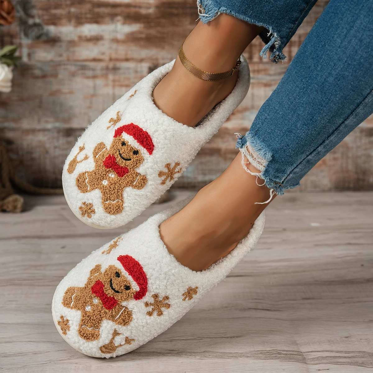 Christmas Winter Indoor Leisure Warm Slippers Embroidery Gingerbread Man Cartoon Pattern Women Comfy Soft Sole Home Fuzzy Shoes