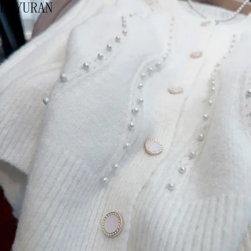 2024 Spring Autumn Knitted Cardigan Women Fashion Casual O-neck Long Sleeve Single Breasted Peals Beading Sweater Knitwear Tops